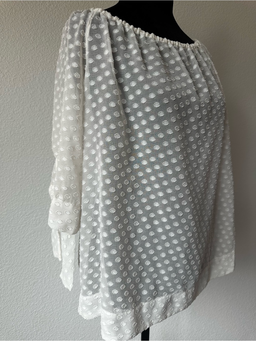 NWT Lord & Taylor Ivory Sheer Textured Tie Sleeve Blouse Size L